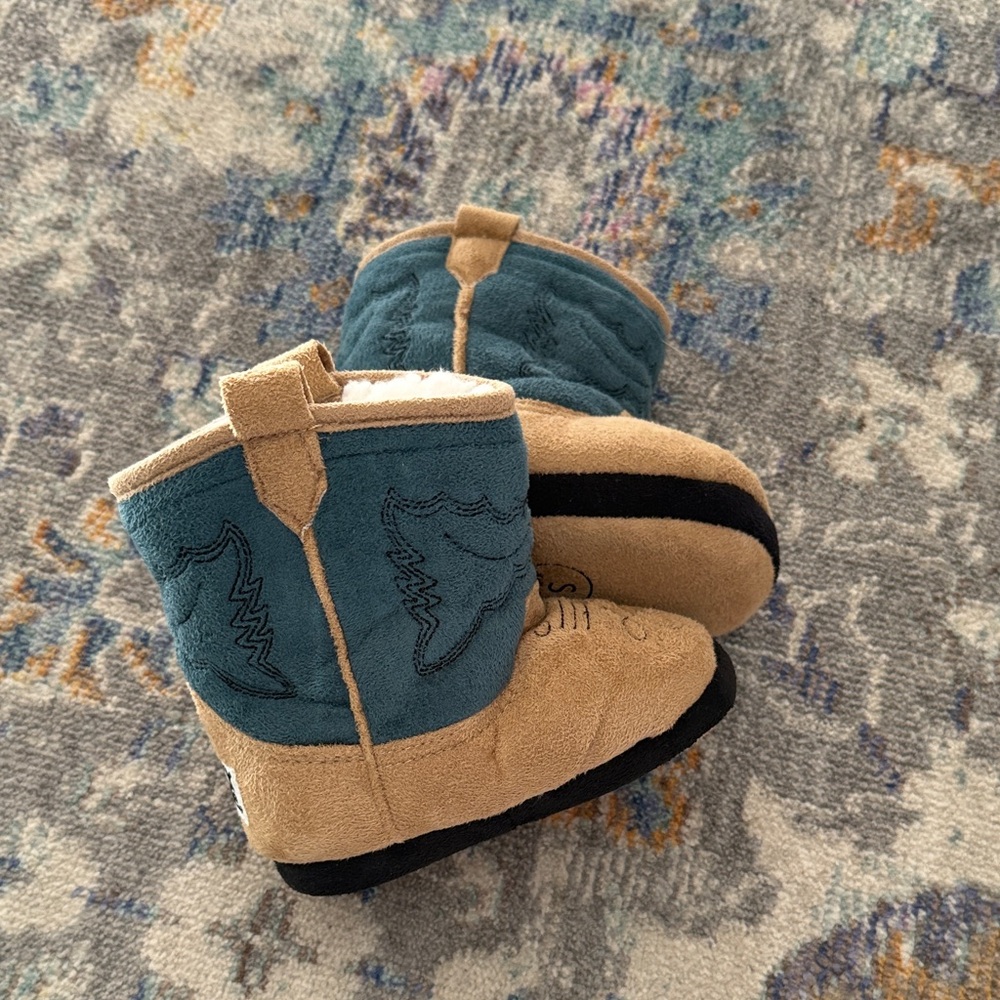 Lazy One Kids Cowboy Boot Slippers - Tan and Teal